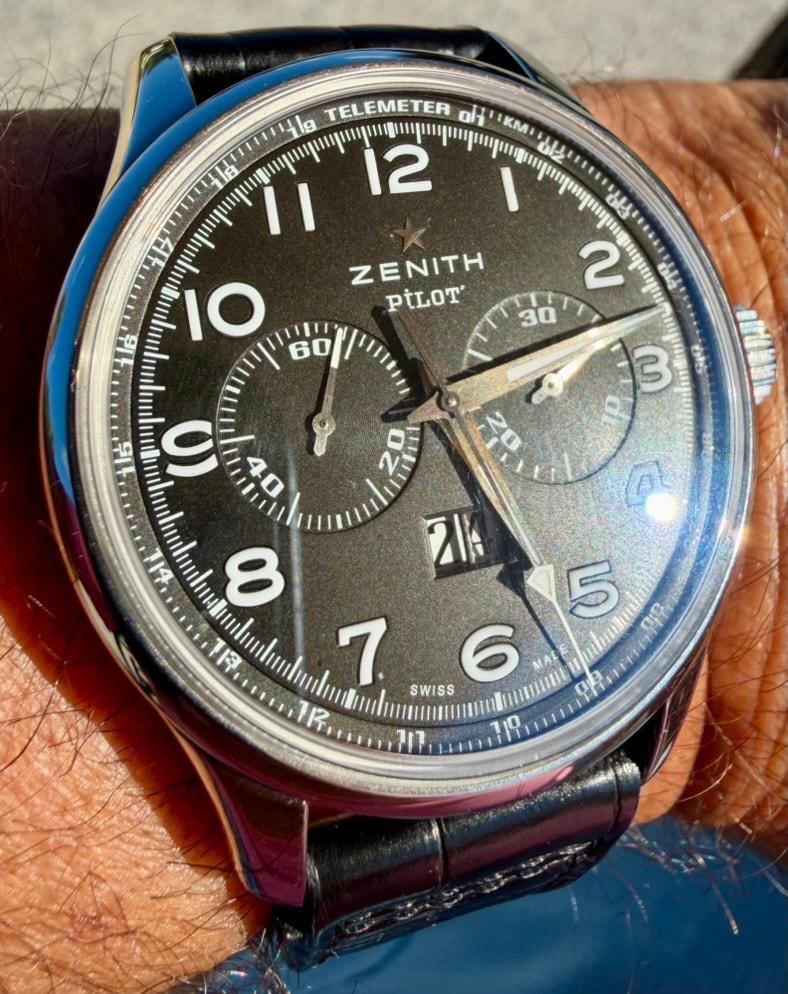 Zenith Pilot — dark dial with bold Arabic numerals, twin subdials, and telemeter scale